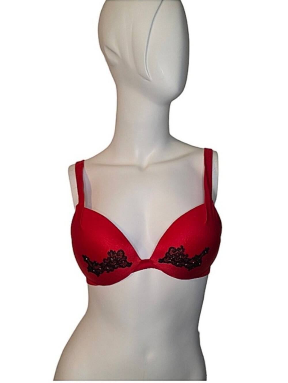 Victoria's Secret Very Sexy Red Plunge Bra W/ Black Lace & Rhinestones Size 34B